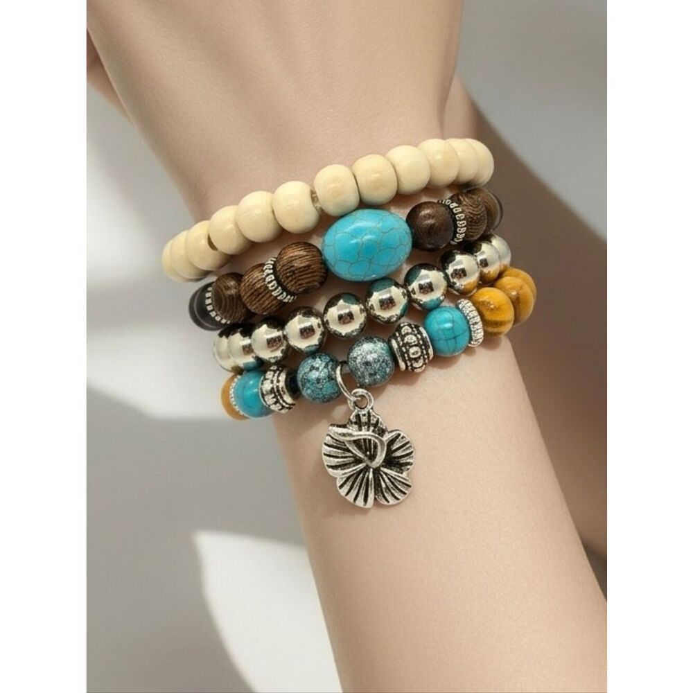 Boho Beaded Stacked Bracelets Set 4 Hibiscus Charm Wooden Turquoise Silver NWT